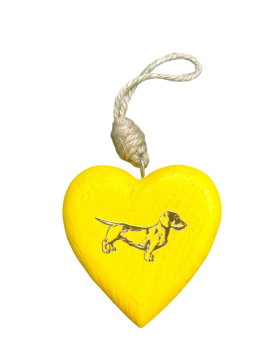Holzherz grün od. gelb mit Dackelmotiv