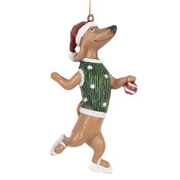 Dackelanhänger auf Schlittschuh mit Kugel