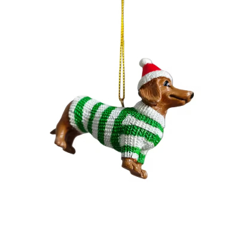 Dackelanhänger mit grün-weißem Pullover