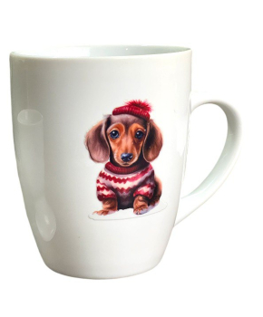 Weihnachtstasse mit Langhaarhaardackelmotiv