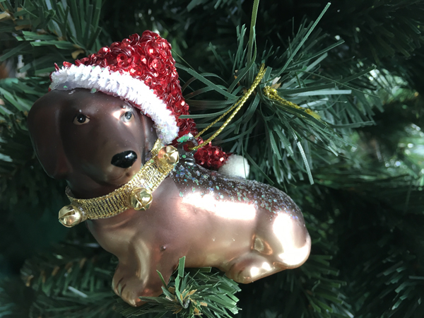 Dackelanhänger mit Pailettenmütze