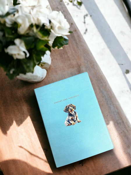 Notizbuch PU-Leder blau mit Rauhi oder Kurzhaardackel