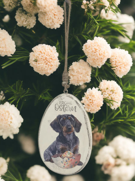 Hängendes Osterei aus Holz mit Dackelmotiv