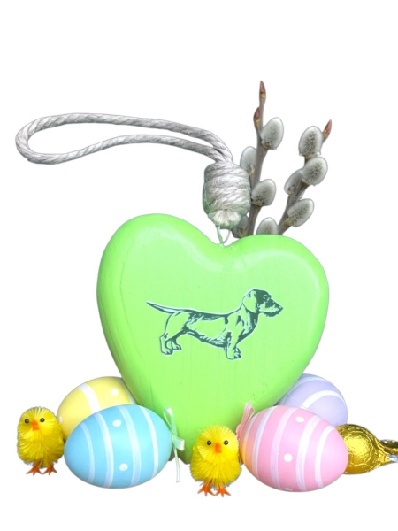 Holzherz grün od. gelb mit Dackelmotiv