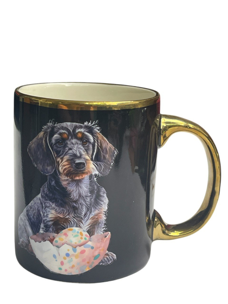 Tasse schwarz mit Osterdackelmotiv Rauhi