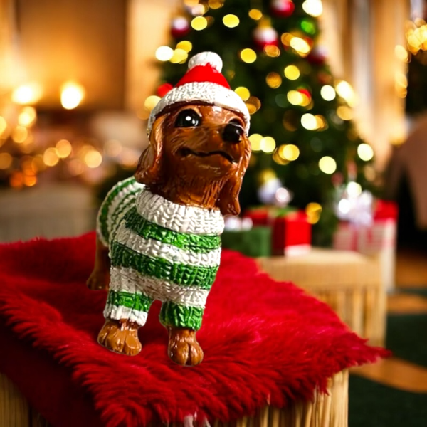 Dackelanhänger mit grün-weißem Pullover