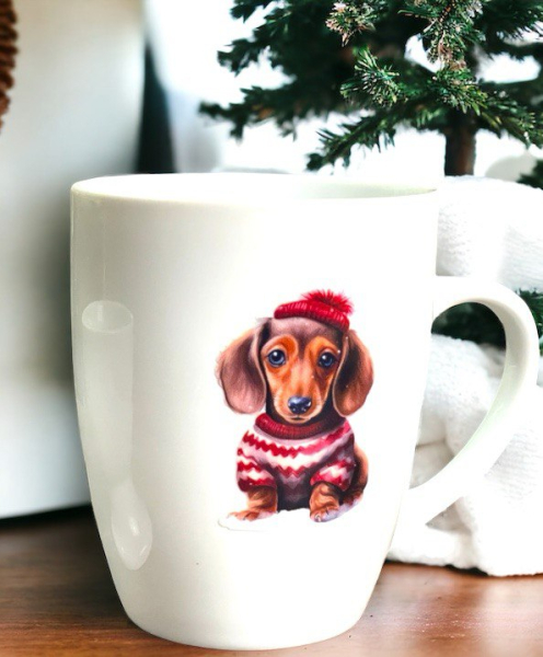 Weihnachtstasse mit Langhaarhaardackelmotiv