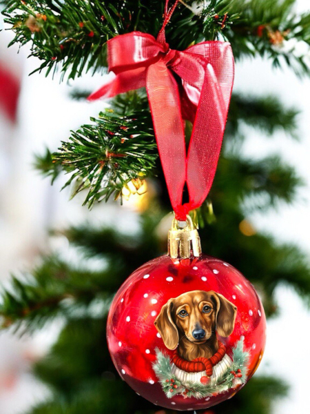Weihnachtskugel rot mit Kurzhaardackelmotiv